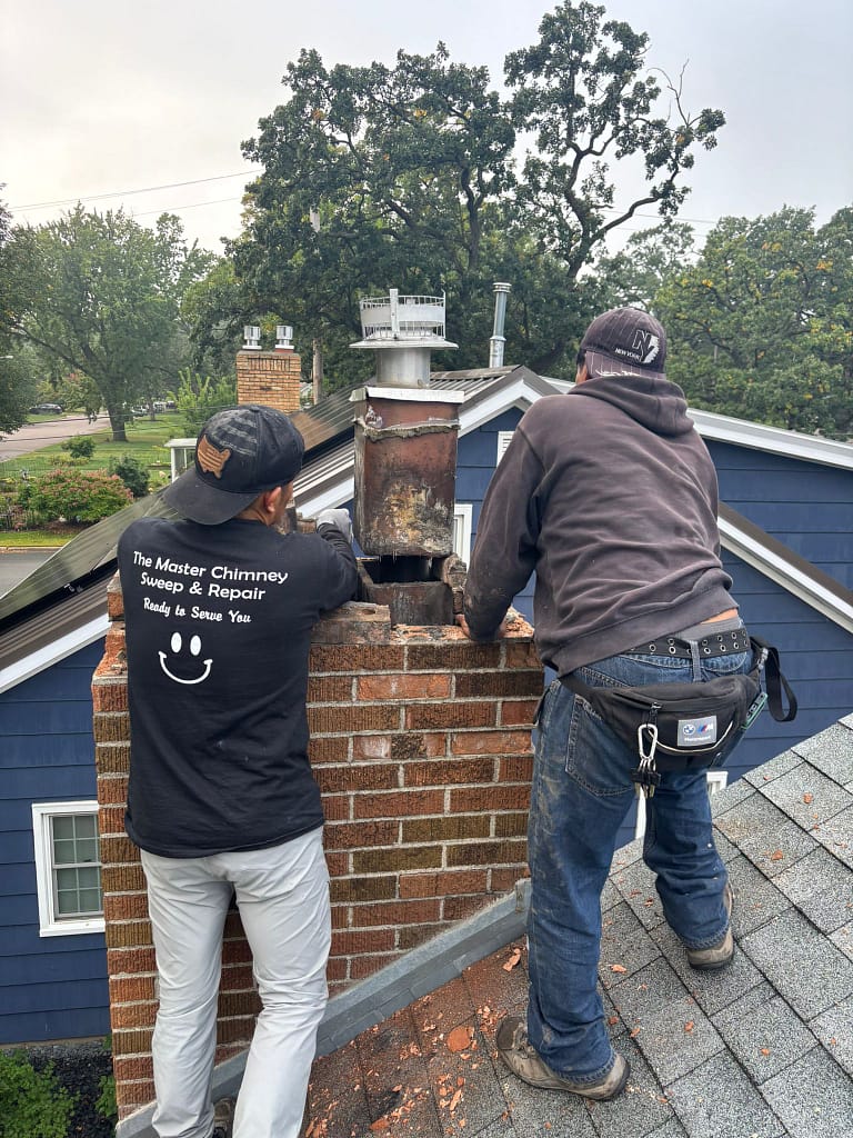 Professional chimney cleaning in Minneapolis by Master Chimney technicians wearing company uniforms.